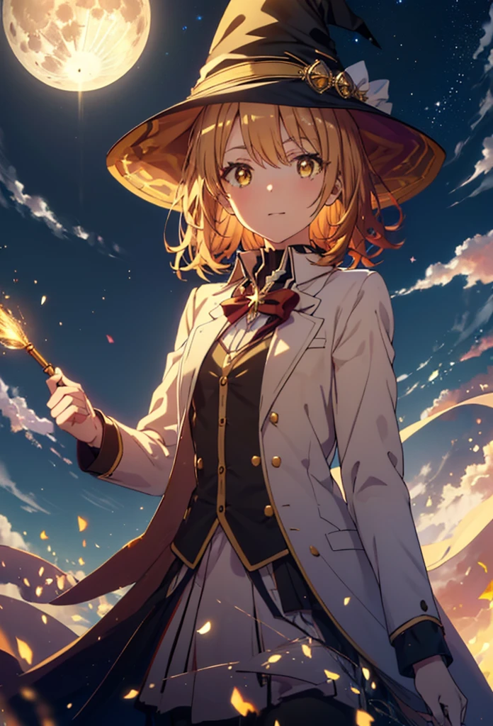 Irohaisshiki, isshiki iroha, short hair, Brown Hair, (Brown eyes:1.5), smile,((Night Sky)),((Big full moon)),((Sparkling and colorful stars)),Fluffy hair,((Idol style costume with soft volume)),Long skirt,((gorgeous wizard hat)),((witch)),(magic wand with a jewel on the tip),Explosive Flame,
break outdoors, forest,forest
break looking at viewer,Upper Body,
break (masterpiece:1.2), Highest quality, High resolution, unity 8k wallpaper, (shape:0.8), (Narrow and beautiful eyes:1.6), Highly detailed face, Perfect lighting, Extremely detailed CG, (Perfect hands, Perfect Anatomy),