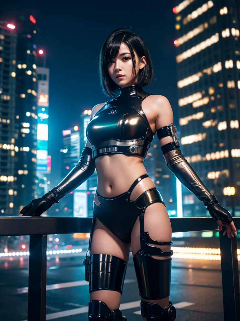 Highest quality,Highest Resolution,beautiful girl,Android,metallic,Mechanic,cyborg,Future city at night,Short black hair,whole body,