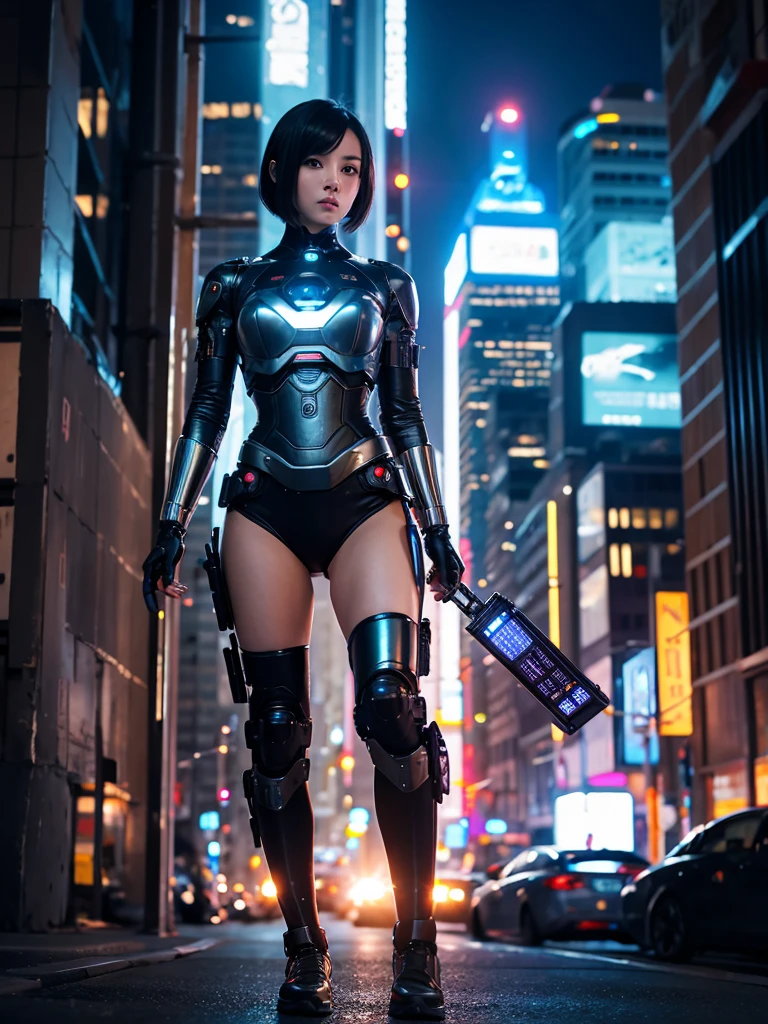 Highest quality,Highest Resolution,beautiful girl,Android,metallic,Mechanic,cyborg,Future city at night,Short black hair,whole body,