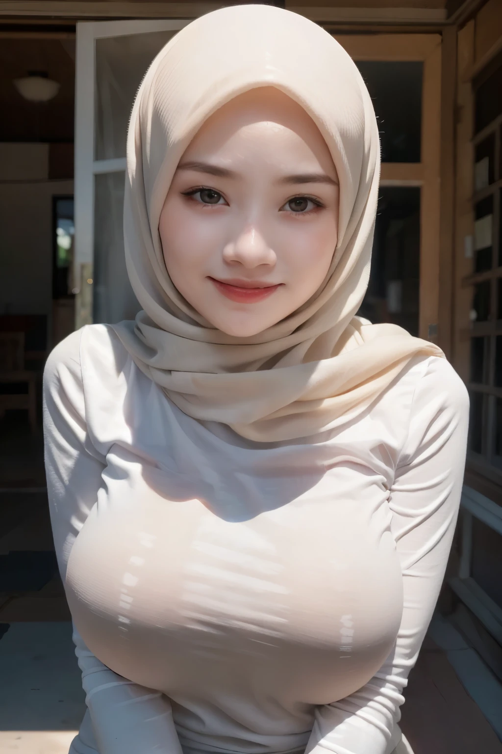 adorable, 1 girl, (face to face), , baby face, happy, half body portrait, (face details: 1), (eye details: 1), ((big breasts)). wearing white long shirt, hijab, .. Cute posed. proportional body. Ultra High Res. realistic: 1.4, UHD