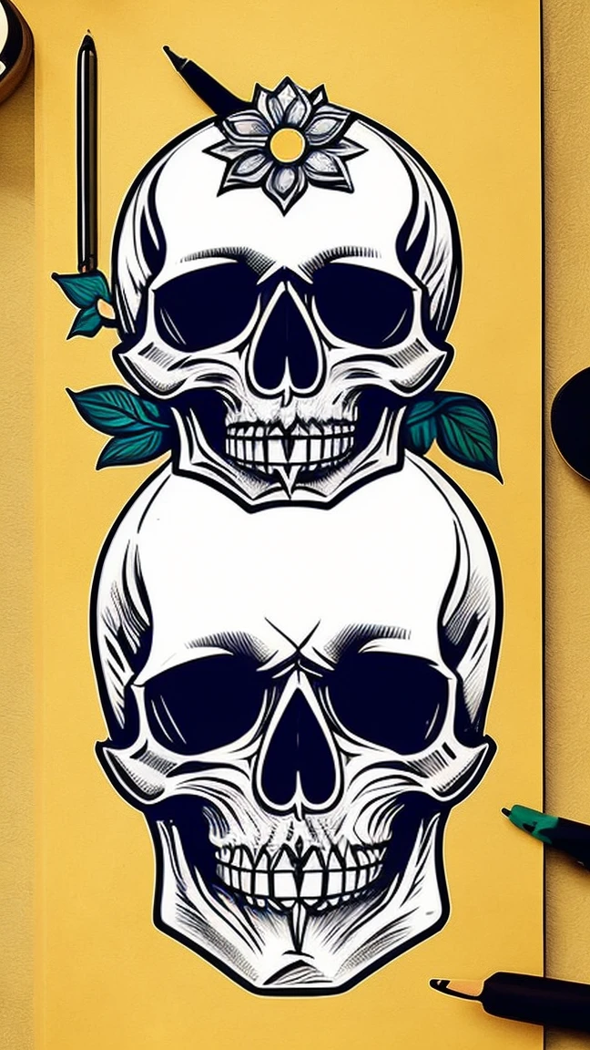 Let's draw a cute skull character with soft yellow-gray outlines smiling in simple strokes