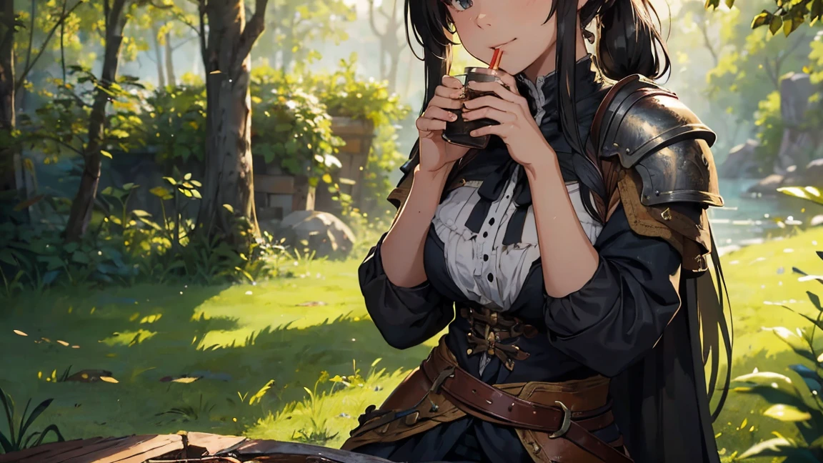 A highly detailed and realistic portrait of a female adventurer from a medieval fantasy setting, shown from the waist up. She is wearing intricately designed leather armor with a dark cloak. Her long hair is tied back in a ponytail. She has a warm, friendly smile and is holding a large, rustic tankard made of wood or metal, similar to those used by pirates, bringing it to her lips as if taking a drink. Her attire shows signs of wear and tear, indicating her experience and many adventures. The background is plain or blurred to emphasize the character, making her the focal point of the image. The lighting is natural, with soft shadows to highlight the details of her armor, facial features, and the tankard.