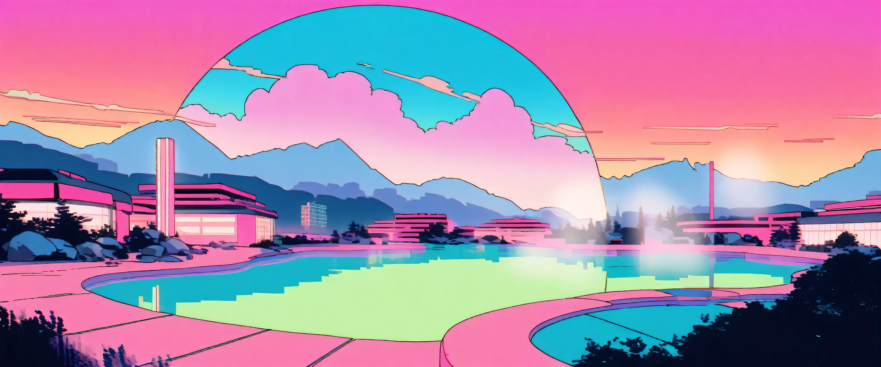 Japanese hot springs,Retro Style, (Vaporwave City Pop), (80's city pop:1.5), (City Pop Anime),