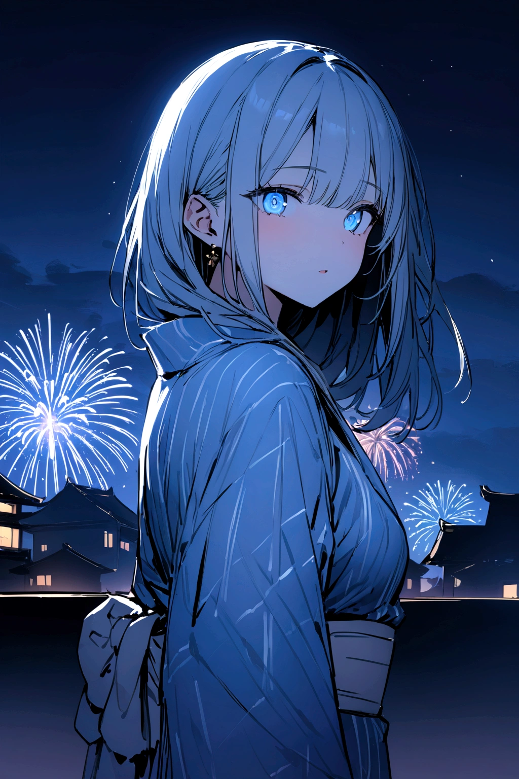 ((masterpiece, Highest quality, Super Definition, High resolution)), 8K. alone, beautiful girl, Shining Eyes, Beautiful Japanese sisters, Blue Theme, yukata, Background is fireworks at night