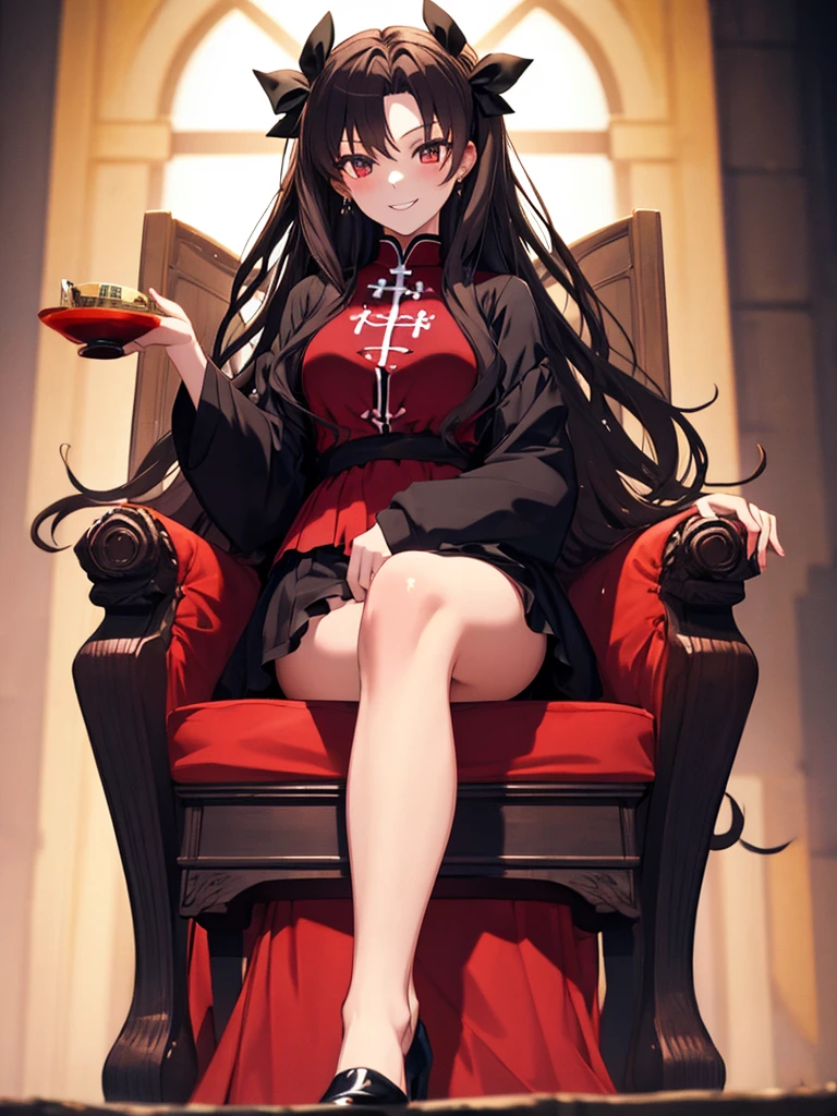 Throne of Power, Leg spread, (masterpiece), highest quality, Tohsaka Rin:1.5, Fearless smile, 1girl, uhd, retina, masterpiece, ccurate, anatomically correct, textured skin, super detail, high details, high quality, best quality, highres, 4K