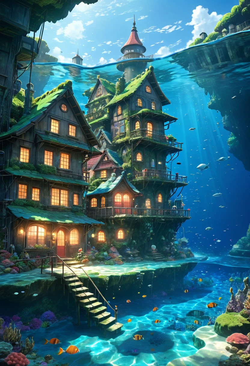 color (Fantasy: 1.2), (hayao miyazaki style), (Irregular buildings floating on the ocean floor), Patchwork Cottage, Moss decoration, Coral, Light, Concept art inspired by Andreas Rocha, Artstation Contest Winner, Fantasy art, (an underwater city), Ross Tran, Lightシャフト, Realistic lighting, masterpiece, high quality, Beautiful graphics, High detail, masterpiece, high quality, Beautiful graphics, High detail,