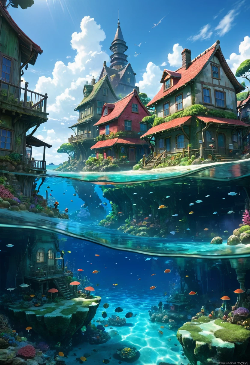 color (Fantasy: 1.2), (hayao miyazaki style), (Irregular buildings floating on the ocean floor), Patchwork Cottage, Moss decoration, Coral, Light, Concept art inspired by Andreas Rocha, Artstation Contest Winner, Fantasy art, (an underwater city), Ross Tran, Lightシャフト, Realistic lighting, masterpiece, high quality, Beautiful graphics, High detail, masterpiece, high quality, Beautiful graphics, High detail,