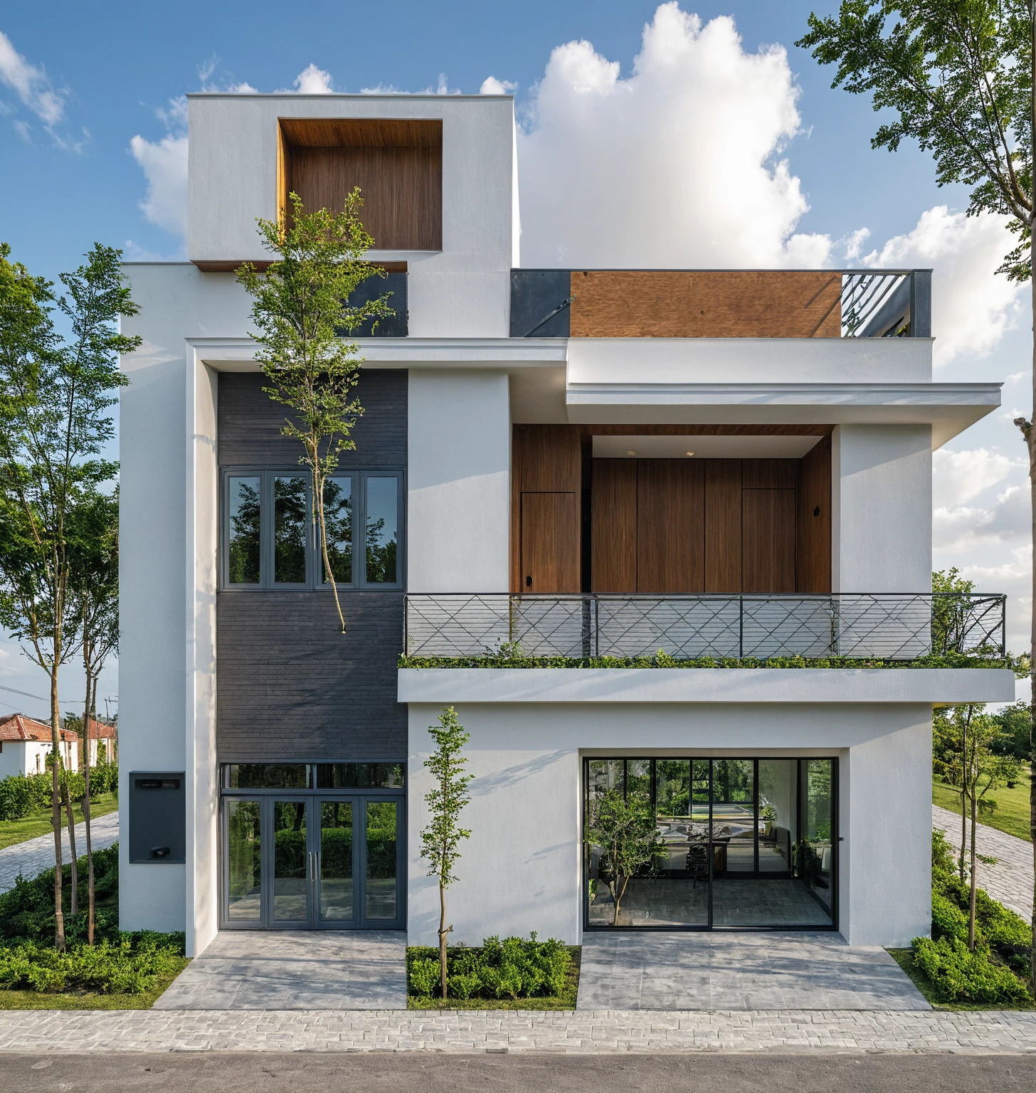 Masterpiece, high quality, best quality, authentic, super detail, outdoors, onestoreyvillaXL, aiaigroup, house style modern on the street ,stairs, white wall ,road,pavement, grass, trees, sky, cloud, (daylight:1.1)
