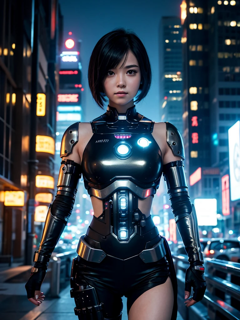 Highest quality,Highest Resolution,beautiful girl,Android,metallic,Mechanic,cyborg,Future city at night,Short black hair,whole body,