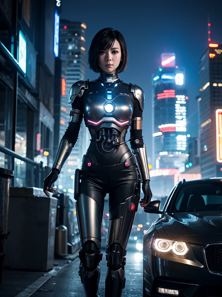 Highest quality,Highest Resolution,beautiful girl,Android,metallic,Mechanic,cyborg,Future city at night,Short black hair,whole body,