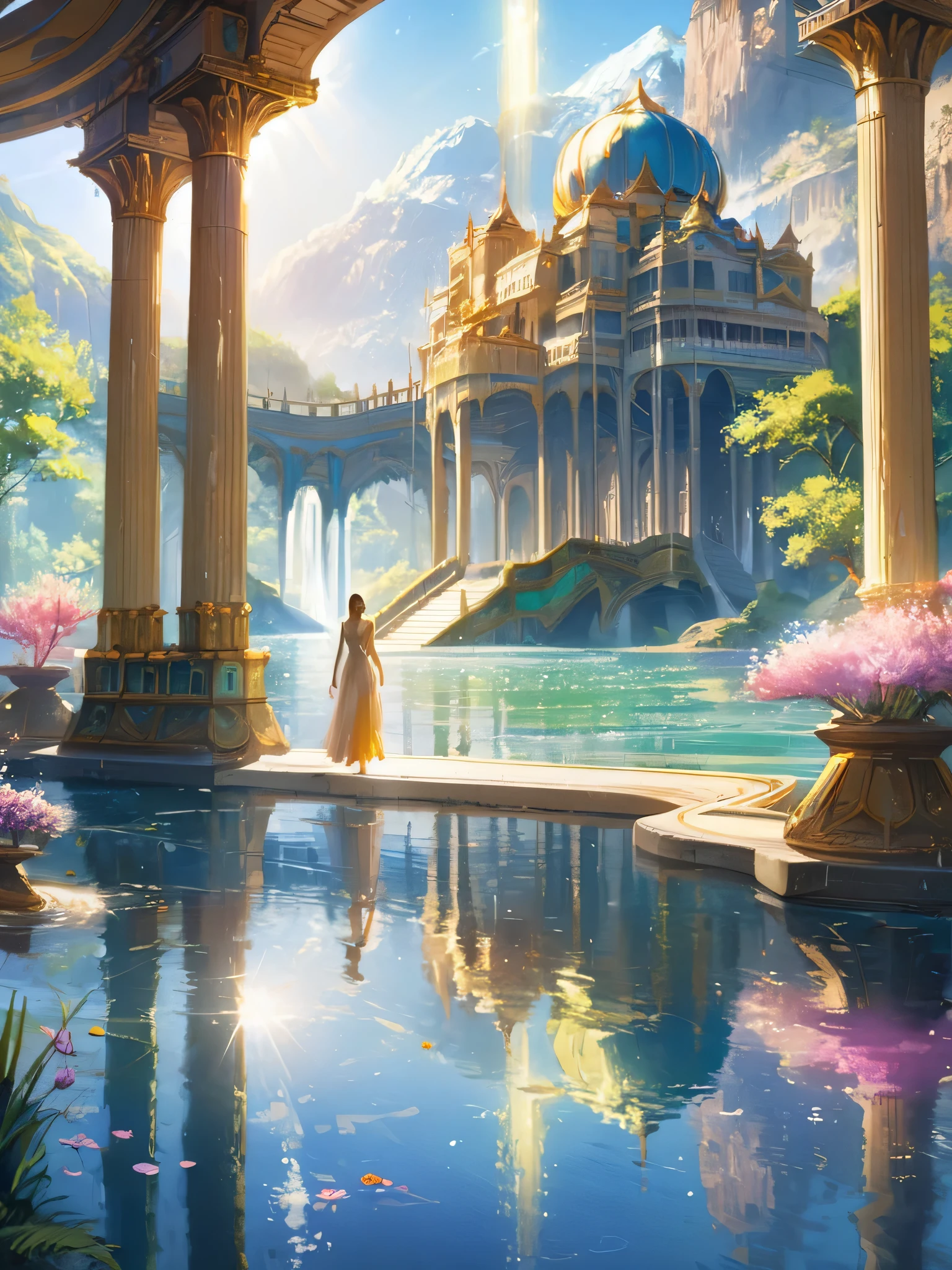 2girls,(masterpiece:1.2),best quality,multicolored,masterpiece,best quality,((an extremely delicate and beautiful)),floating,(detailed wet clothes),(detailed light),feather,nature,(sunlight),river,floating palace,beautiful and delicate water,(bloom),(shine),panorama,landscape,