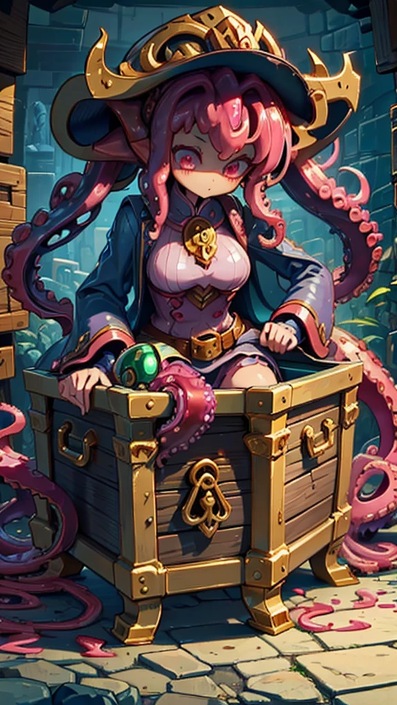 Treasure Box Monster女孩，Fantasy style background，Dungeon Background，The lower body is a box的女孩，Close-up above the waist，Upper body close-up，full身材，full体态，Big breasts，Big breasts，cute，full，Girl with a treasure chest in her lower body，Tentacles，Tentacles，Tentacles，Tentacles，Tentacles头发，装满Tentacles的宝箱，Dungeon Background，Pink skin，粉色Tentacles头发，Pink Hair，Gummy，Mucus质感头发，Slime textured hair，Slime texture body，Pink body，Pink body，Pink skin，Pink complexion，Dungeon Background，装满Tentacles的宝箱，Tentacles怪宝箱，Treasure Box Monster，Treasure Box Monster女孩，The lower body is a treasure chest，Treasure Chest Lower Body，Put the lower body in the treasure chest，The lower body is a box，Treasure Box Monster，Treasure Box Monster，Treasure Box Monster，Treasure Box Monster，Girl in a treasure chest，下半身Girl in a treasure chest，Tentacles，Tentacles，Tentacles怪，Tentacles头发，Mucus，Tentacles头发