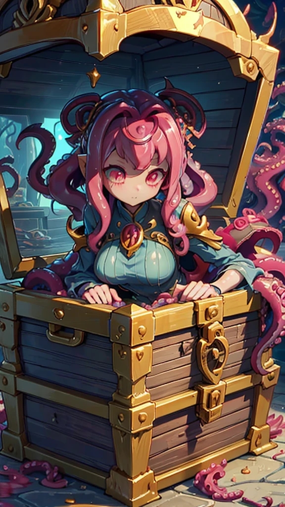 Treasure Box Monster女孩，Fantasy style background，Dungeon Background，The lower body is a box的女孩，Close-up above the waist，Upper body close-up，full身材，full体态，Big breasts，Big breasts，cute，full，Girl with a treasure chest in her lower body，Tentacles，Tentacles，Tentacles，Tentacles，Tentacles头发，装满Tentacles的宝箱，Dungeon Background，Pink skin，粉色Tentacles头发，Pink Hair，Gummy，Mucus质感头发，Slime textured hair，Slime texture body，Pink body，Pink body，Pink skin，Pink complexion，Dungeon Background，装满Tentacles的宝箱，Tentacles怪宝箱，Treasure Box Monster，Treasure Box Monster女孩，The lower body is a treasure chest，Treasure Chest Lower Body，Put the lower body in the treasure chest，The lower body is a box，Treasure Box Monster，Treasure Box Monster，Treasure Box Monster，Treasure Box Monster，Girl in a treasure chest，下半身Girl in a treasure chest，Tentacles，Tentacles，Tentacles怪，Tentacles头发，Mucus，Tentacles头发