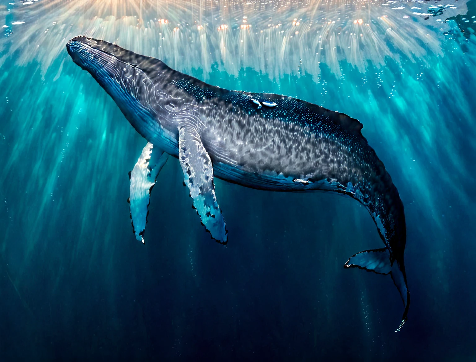 It depicts an underwater scene of a large whale surrounded by a school of small fish.。The whale is positioned vertically into the water.、The tail is at the bottom of the image、Head facing up towards the water surface。The surrounding water is colored in various tones of blue.、It gives a sense of depth and serenity.。I see a ray of light from above、Water surface is nearby
