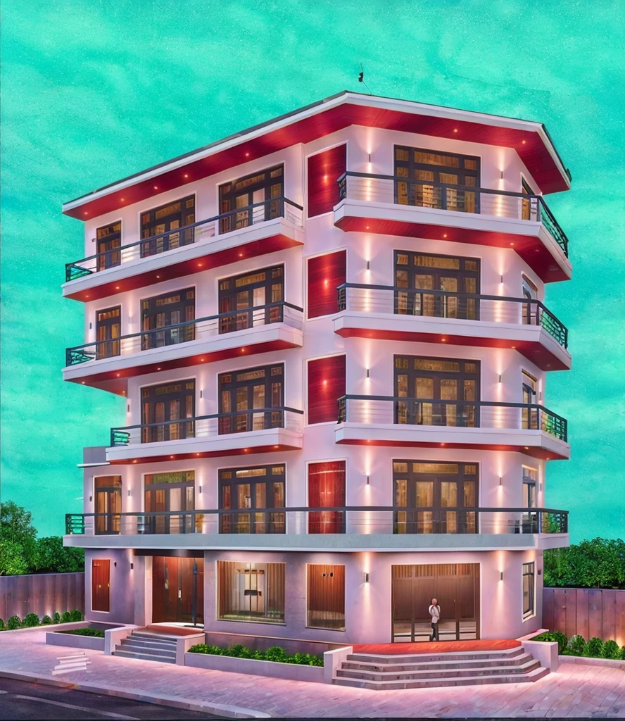 1 modern townhouse, the main materials of the house are white and gray wall colors: 1.2, glass panels: 1.1, glass doors and windows: 1.2, black iron railings, 1 large yard, 1 road in front of the house, (Raw , Real photos, best quality, masterpiece effects: 1.2), modern and minimalist appearance, road in front of the house, dynamic lighting: 1.3, (super realistic, photo-realistic: 1.2), quality high quality, (dark light:1.2), excellent perfect lighting, ((with people, with cars))