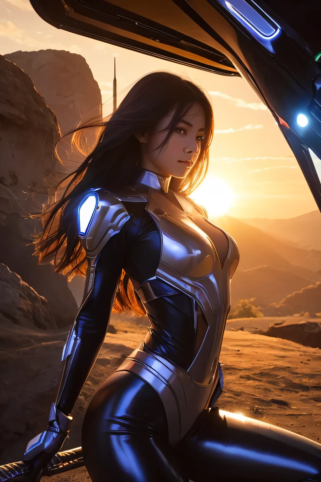 Young woman, mechanical body, spaceship, shining sun.