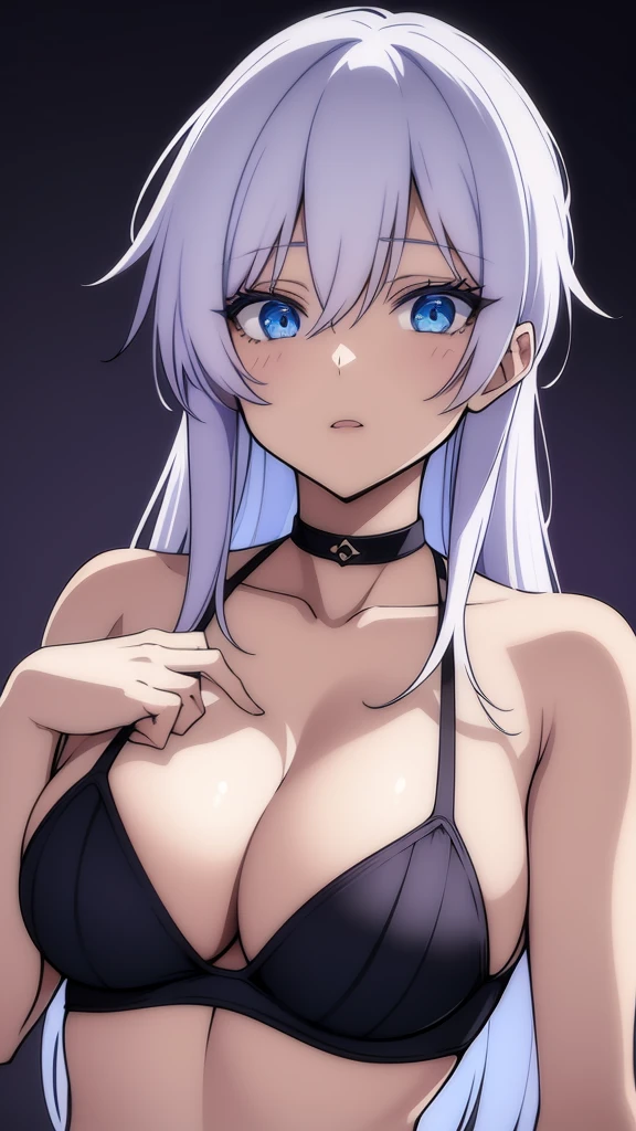 (masterpiece, best quality:1.2), expressive eyes, perfect face, highres, 1girl, solo, (female:1.5), SatoruGojo, blue eyes, upper body, looking at the viewer, hypnotized to do what ever the viewer want, wearing fancy black bra with special pattern, fancy white hair, blush, cute, pressing on her