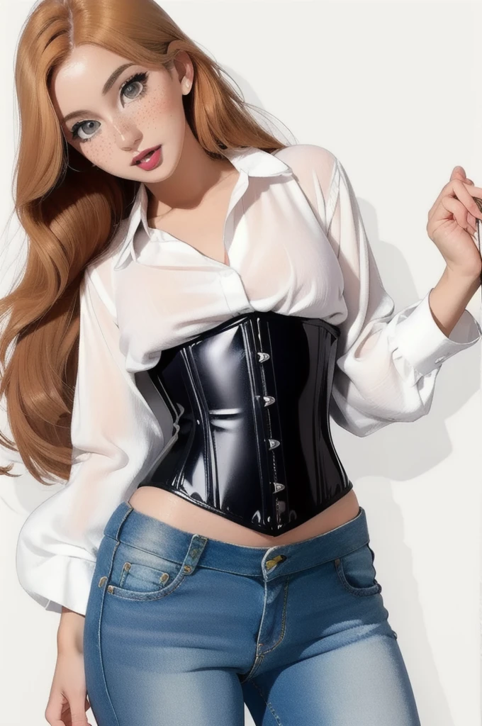 Fr3ckles, ginger hair, long hair, grey eyes, freckles, 1girl, l4t3xund3rbust,latex, underbust, red corset, shiny, white blouse, jeans, white background,