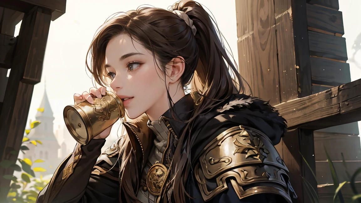 A highly detailed and realistic portrait of a female adventurer from a medieval fantasy setting, shown from the waist up. She is wearing intricately designed leather armor with a dark cloak. Her long hair is tied back in a ponytail. She has a warm, friendly smile and is holding a large, rustic tankard made of wood or metal, similar to those used by pirates, bringing it to her lips as if taking a drink. Her attire shows signs of wear and tear, indicating her experience and many adventures. The background is plain or blurred to emphasize the character, making her the focal point of the image. The lighting is natural, with soft shadows to highlight the details of her armor, facial features, and the tankard.