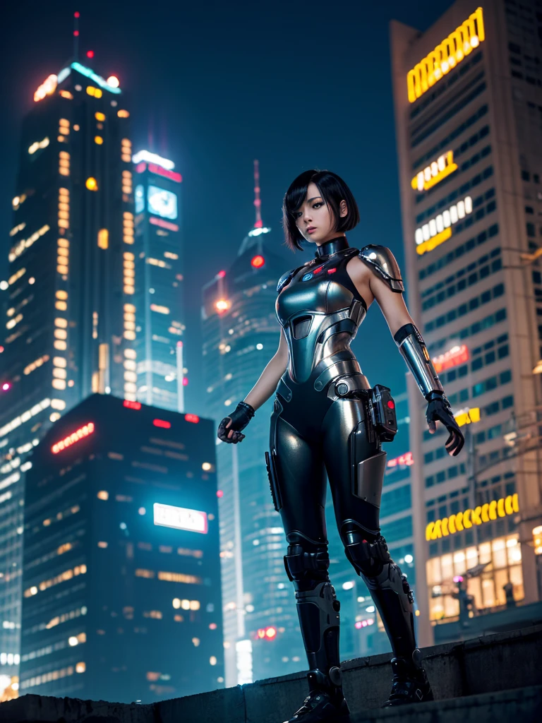 Highest quality,Highest Resolution,beautiful girl,Android,metallic,Mechanic,cyborg,Future city at night,Short black hair,whole body,