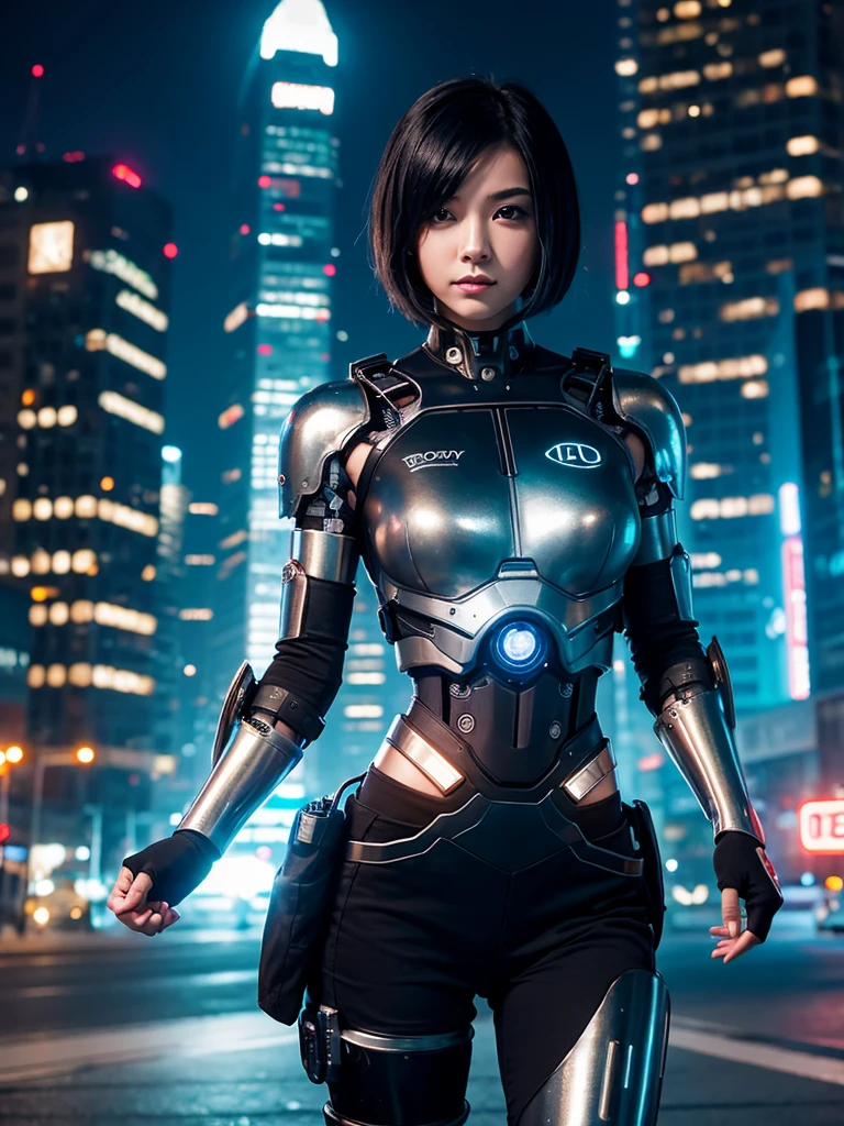 Highest quality,Highest Resolution,beautiful girl,Android,metallic,Mechanic,cyborg,Future city at night,Short black hair,whole body,