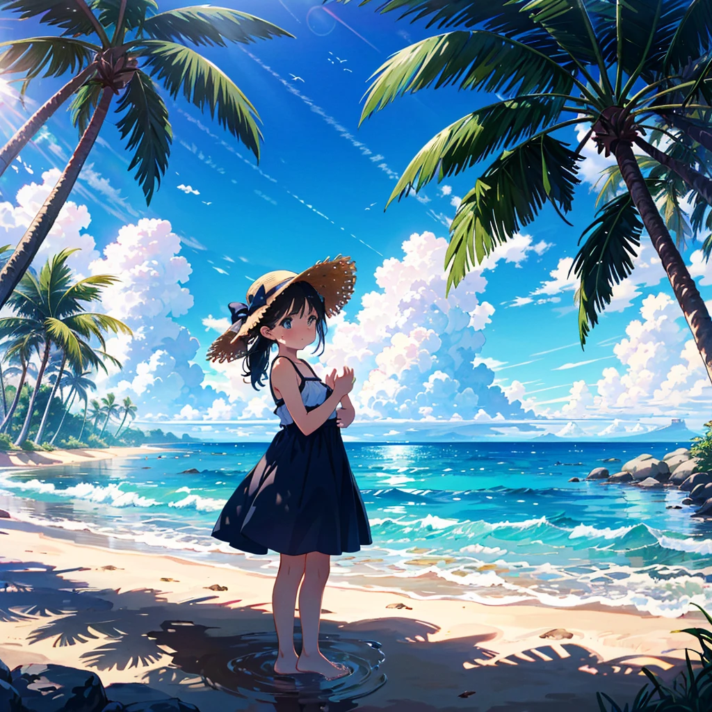(adolescent girl), the sound of cicadas, a girl wearing a straw hat and one-piece dress on the beach, putting her feet in the water, scooping up water with her hands, sloshing around, side-angle full-body shot, looking down, tropical country (waves) (Giwa, many palm trees are growing), (Toddler: 1.25), (Baby face: 1.2), Short limbs, Small breasts, Girl 9 years old, Long hair, Ponytail, 8K, High resolution, Anime key Visuals, very beautiful backgrounds, strong sunlight shining all over, beautiful characters, 3 girls