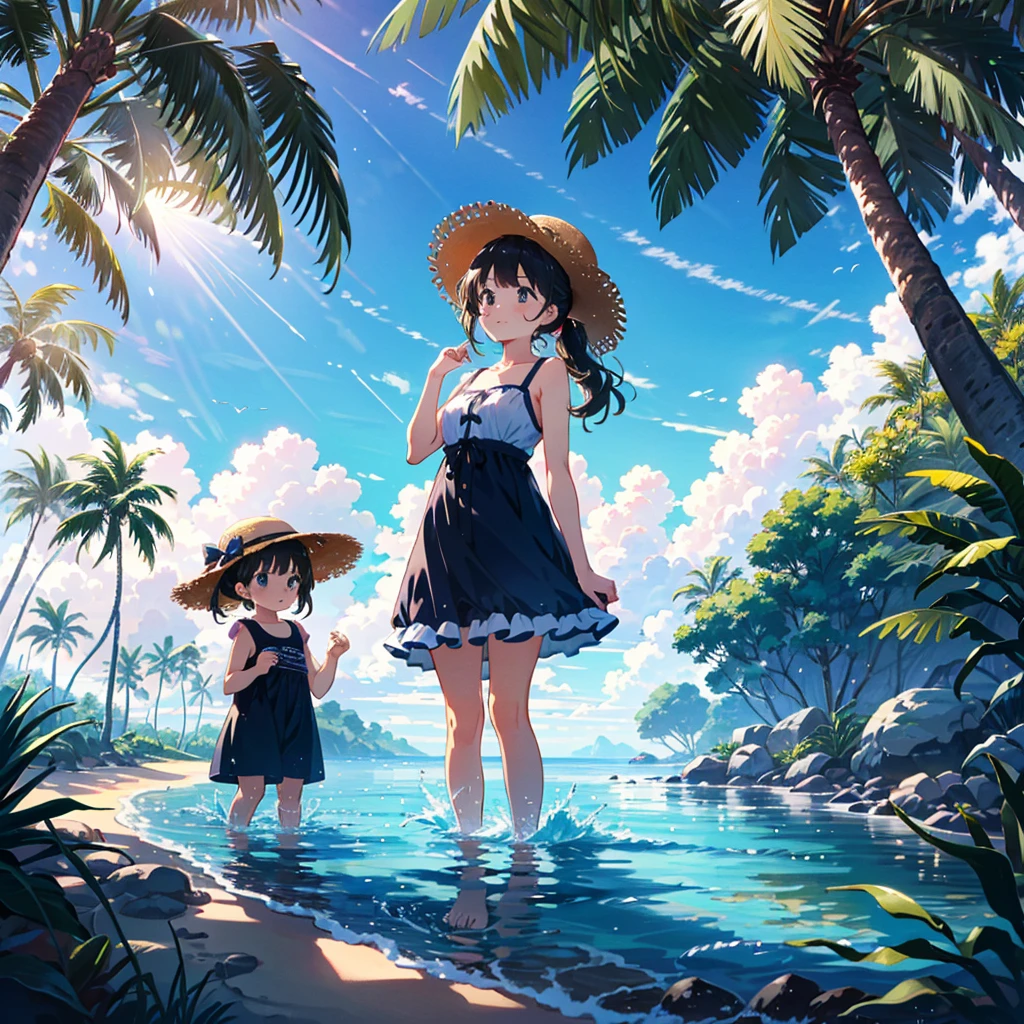 (adolescent girl), the sound of cicadas, a girl wearing a straw hat and one-piece dress on the beach, putting her feet in the water, scooping up water with her hands, sloshing around, side-angle full-body shot, looking down, tropical country (waves) (Giwa, many palm trees are growing), (Toddler: 1.25), (Baby face: 1.2), Short limbs, Small breasts, Girl , Long hair, Ponytail, 8K, High resolution, Anime key Visuals, very beautiful backgrounds, strong sunlight shining all over, beautiful characters, 3 girls