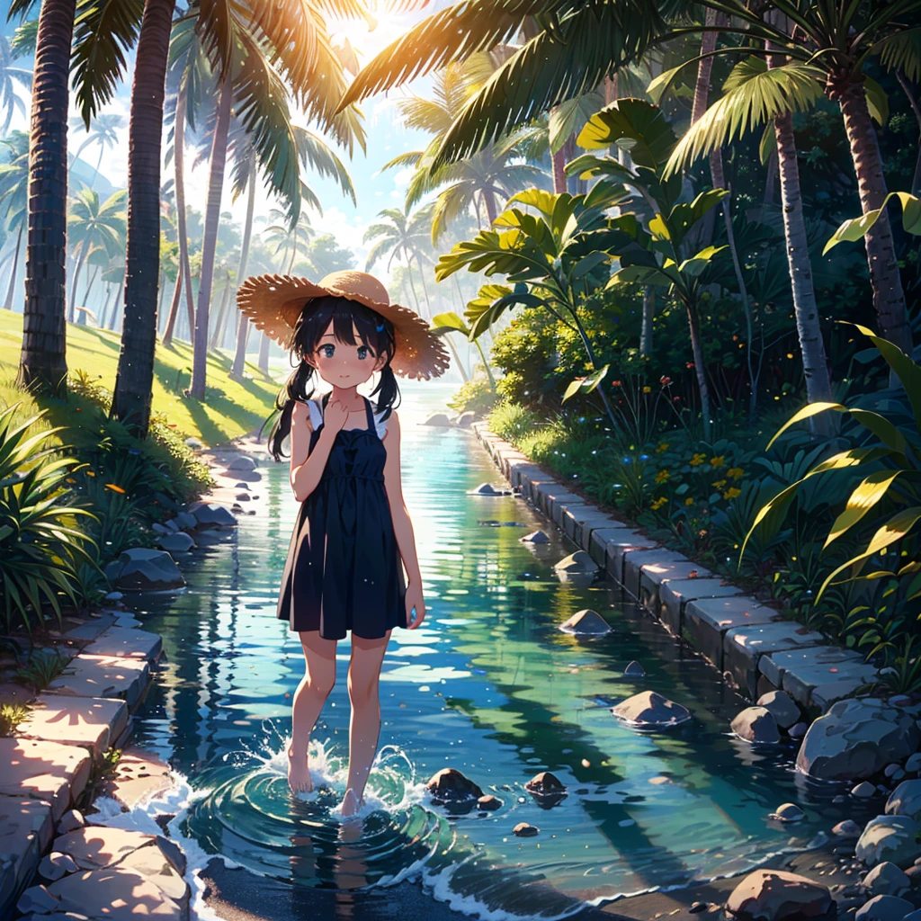 (adolescent girl), the sound of cicadas, a girl wearing a straw hat and one-piece dress on the beach, putting her feet in the water, scooping up water with her hands, sloshing around, side-angle full-body shot, looking down, tropical country (waves) (Giwa, many palm trees are growing), (Toddler: 1.25), (Baby face: 1.2), Short limbs, Small breasts, Girl 9 years old, Long hair, Ponytail, 8K, High resolution, Anime key Visuals, very beautiful backgrounds, strong sunlight shining all over, beautiful characters, 3 girls