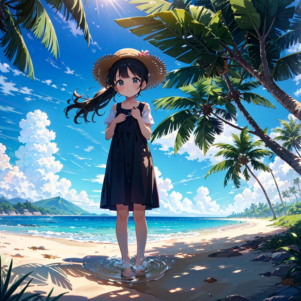 (adolescent girl), the sound of cicadas, a girl wearing a straw hat and one-piece dress on the beach, putting her feet in the water, scooping up water with her hands, sloshing around, side-angle full-body shot, looking down, tropical country (waves) (Giwa, many palm trees are growing), (Toddler: 1.25), (Baby face: 1.2), Short limbs, Small breasts, Girl 9 years old, Long hair, Ponytail, 8K, High resolution, Anime key Visuals, very beautiful backgrounds, strong sunlight shining all over, beautiful characters, 3 girls