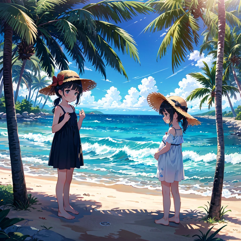(adolescent girl), the sound of cicadas, a girl wearing a straw hat and one-piece dress on the beach, putting her feet in the water, scooping up water with her hands, sloshing around, side-angle full-body shot, looking down, tropical country (waves) (Giwa, many palm trees are growing), (Toddler: 1.25), (Baby face: 1.2), Short limbs, Small breasts, Girl 9 years old, Long hair, Ponytail, 8K, High resolution, Anime key Visuals, very beautiful backgrounds, strong sunlight shining all over, beautiful characters, 3 girls
