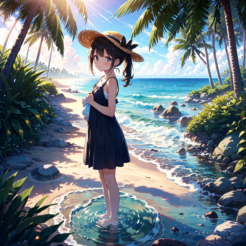 (adolescent girl), the sound of cicadas, a girl wearing a straw hat and one-piece dress on the beach, putting her feet in the water, scooping up water with her hands, sloshing around, side-angle full-body shot, looking down, tropical country (waves) (Giwa, many palm trees are growing), (Toddler: 1.25), (Baby face: 1.2), Short limbs, Small breasts, Girl 9 years old, Long hair, Ponytail, 8K, High resolution, Anime key Visuals, very beautiful backgrounds, strong sunlight shining all over, beautiful characters, 3 girls