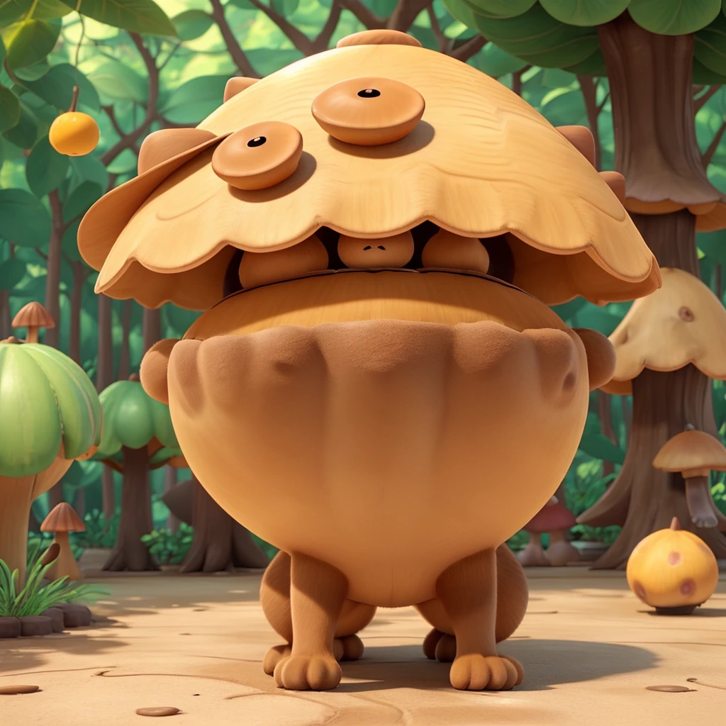 The whole body of the brown cat is wearing a hat in the shape of a "mango yellow poisonous mushroom" on its head.。
Its body is like a poisonous mushroom,body becomes round,The feet also become rounder,But without losing the cat’s hair and mobility。
Eyes become round and big,Orange。
The tail becomes like a platypus,flat and wide