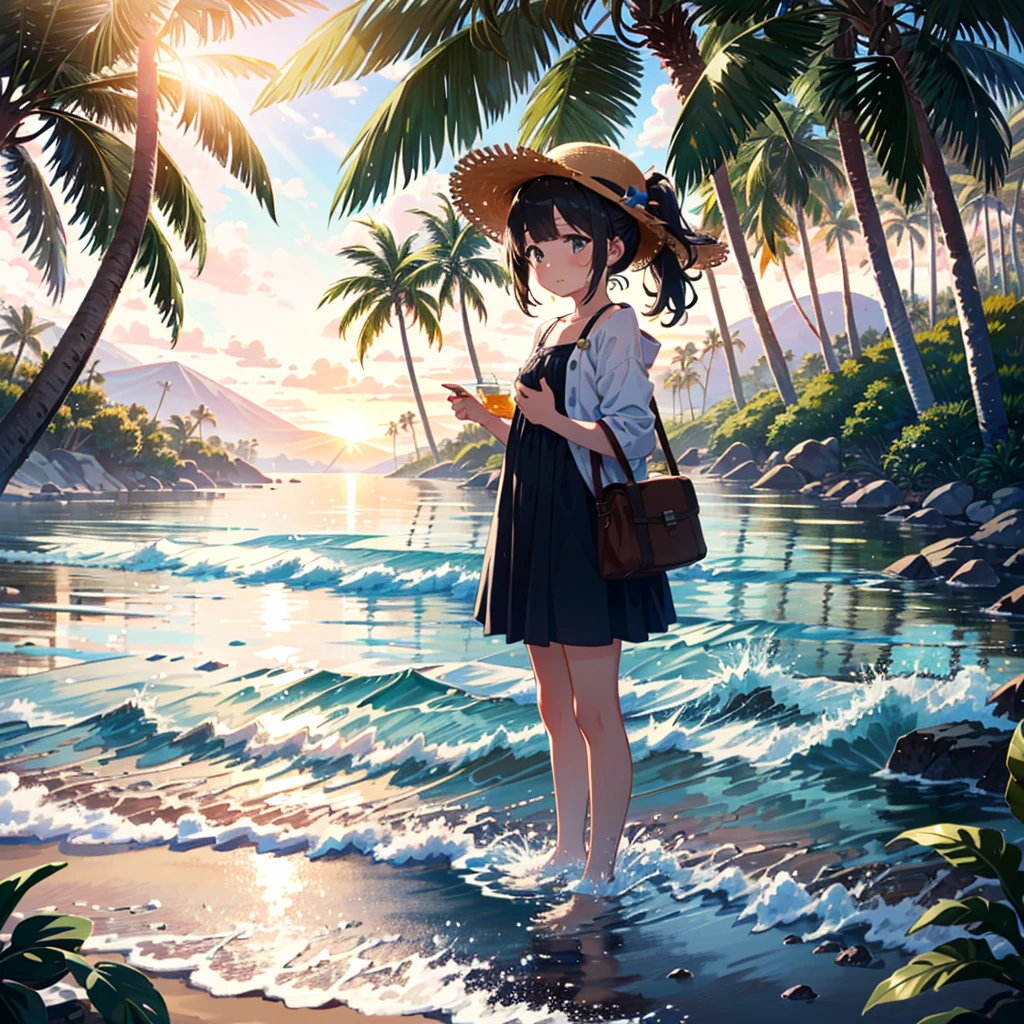 (adolescent girl), the sound of cicadas, a girl wearing a straw hat and one-piece dress on the beach, putting her feet in the water, scooping up water with her hands, sloshing around, side-angle full-body shot, looking down, tropical country (waves) (Giwa, many palm trees are growing), (Toddler: 1.25), (Baby face: 1.2), Short limbs, Small breasts, Girl 9 years old, Long hair, Ponytail, 8K, High resolution, Anime key Visuals, very beautiful backgrounds, strong sunlight shining all over, beautiful characters, 3 girls