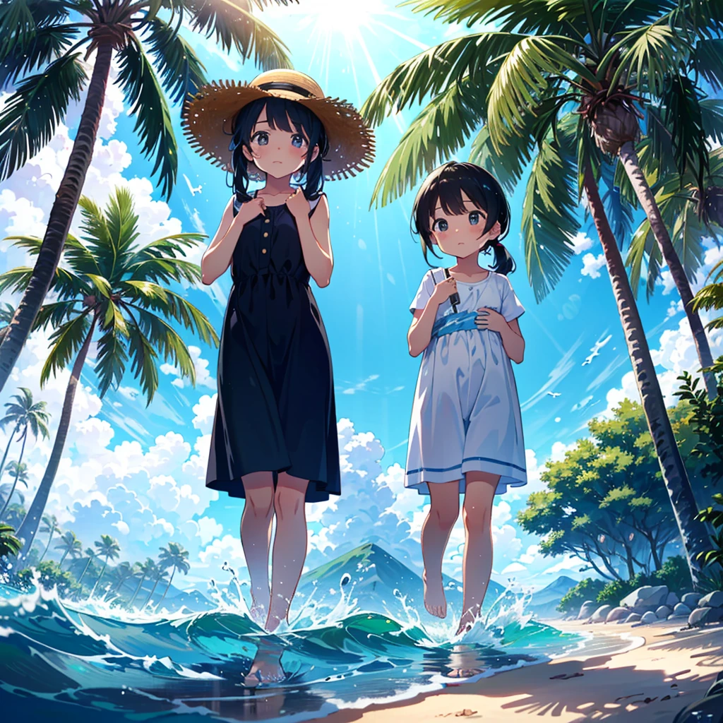 (adolescent girl), the sound of cicadas, a girl wearing a straw hat and one-piece dress on the beach, putting her feet in the water, scooping up water with her hands, sloshing around, side-angle full-body shot, looking down, tropical country (waves) (Giwa, many palm trees are growing), (Toddler: 1.25), (Baby face: 1.2), Short limbs, Small breasts, Girl , Long hair, Ponytail, 8K, High resolution, Anime key Visuals, very beautiful backgrounds, strong sunlight shining all over, beautiful characters, 3 girls