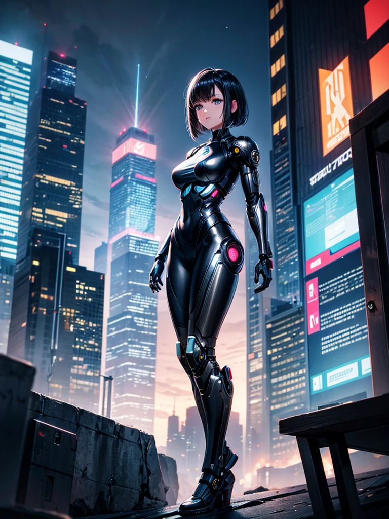 Highest quality,Highest Resolution,beautiful girl,Android,metallic,Mechanic,cyborg,Future city at night,Short black hair,whole body,