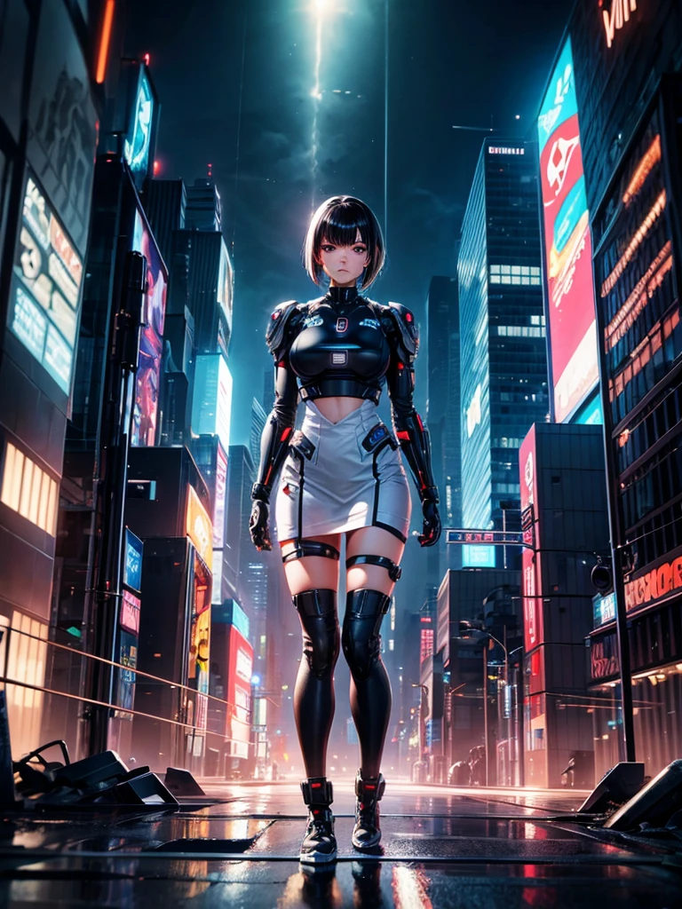 Highest quality,Highest Resolution,beautiful girl,Android,metallic,Mechanic,cyborg,Future city at night,Short black hair,whole body,