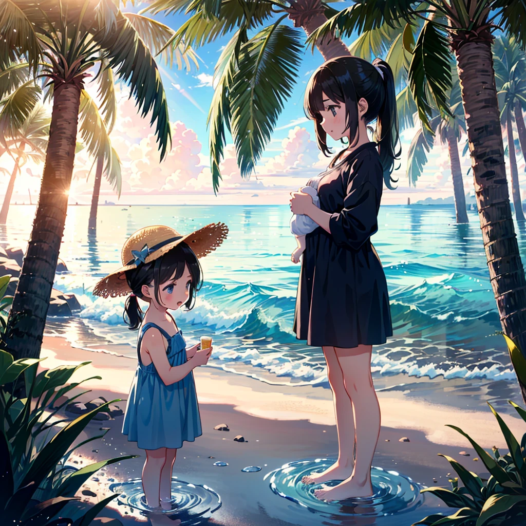 (adolescent girl), the sound of cicadas, a girl wearing a straw hat and one-piece dress on the beach, putting her feet in the water, scooping up water with her hands, sloshing around, side-angle full-body shot, looking down, tropical country (waves) (Giwa, many palm trees are growing), (Toddler: 1.25), (Baby face: 1.2), Short limbs, Small breasts, Girl 9 years old, Long hair, Ponytail, 8K, High resolution, Anime key Visuals, very beautiful backgrounds, strong sunlight shining all over, beautiful characters, 3 girls