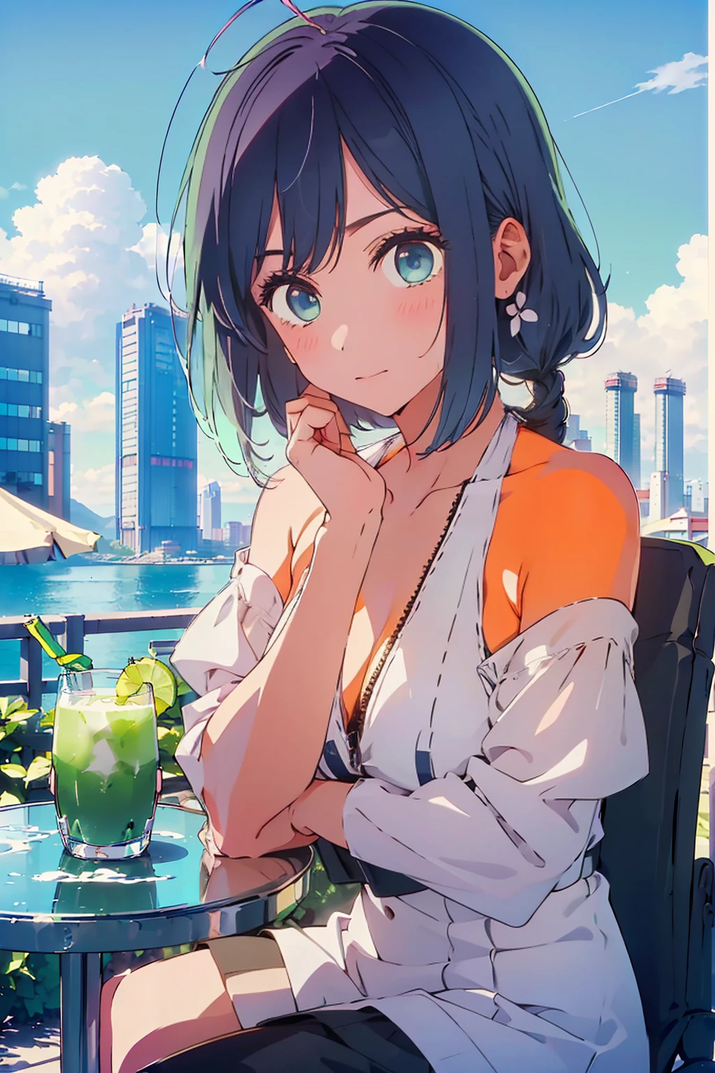 (Highest quality:1.4、8K:1.4、detailed)、F cup bust、Big Breasts、Slim body、Very white beautiful skin、((((1 person、Surprised expression、sit、Chair、In the background are the urban buildings of Tokyo、looking at the camera、Outdoor café terrace、Navy hair color、juice、table、Very cute face))))、((((nude、Areola))))、(Pose with hair tucked behind ears with both hands:1.4、Cheek resting on hand:1.4)、((Off-the-shoulder black blouson with zipper))、Nipples、Very blue sky、A completely cloudless sky