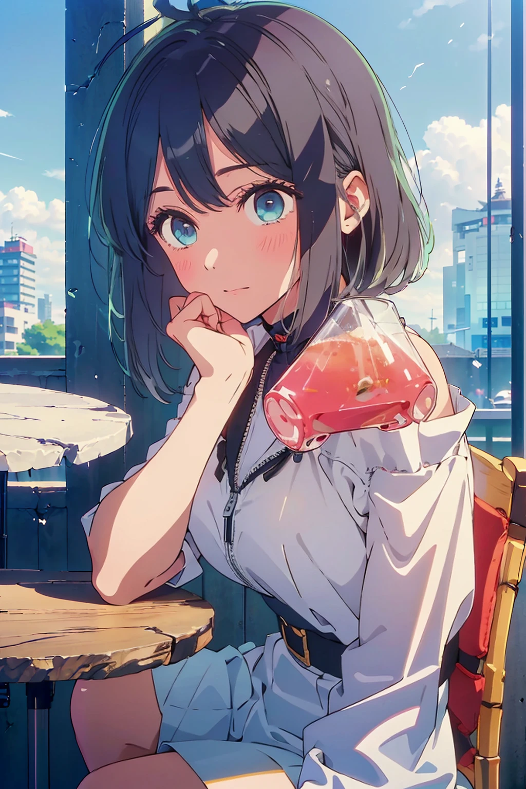 (Highest quality:1.4、8K:1.4、detailed)、F cup bust、Big Breasts、Slim body、Very white beautiful skin、((((1 person、Surprised expression、sit、Chair、In the background are the urban buildings of Tokyo、looking at the camera、Outdoor café terrace、Navy hair color、juice、table、Very cute face))))、((((nude、Areola))))、(Pose with hair tucked behind ears with both hands:1.4、Cheek resting on hand:1.4)、((Off-the-shoulder black blouson with zipper))、Nipples、Very blue sky、A completely cloudless sky