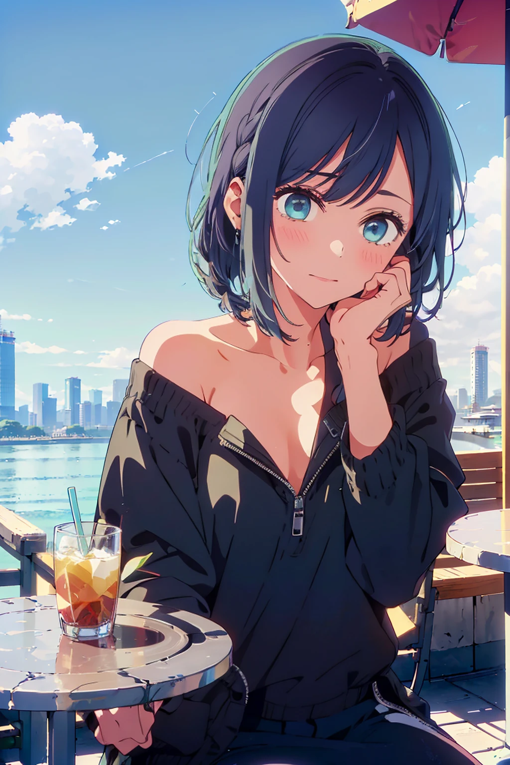 (Highest quality:1.4、8K:1.4、detailed)、F cup bust、Big Breasts、Slim body、Very white beautiful skin、((((1 person、Surprised expression、sit、Chair、In the background are the urban buildings of Tokyo、looking at the camera、Outdoor café terrace、Navy hair color、juice、table、Very cute face))))、((((nude、Areola))))、(Pose with hair tucked behind ears with both hands:1.4、Cheek resting on hand:1.4)、((Off-the-shoulder black blouson with zipper))、Nipples、Very blue sky、A completely cloudless sky
