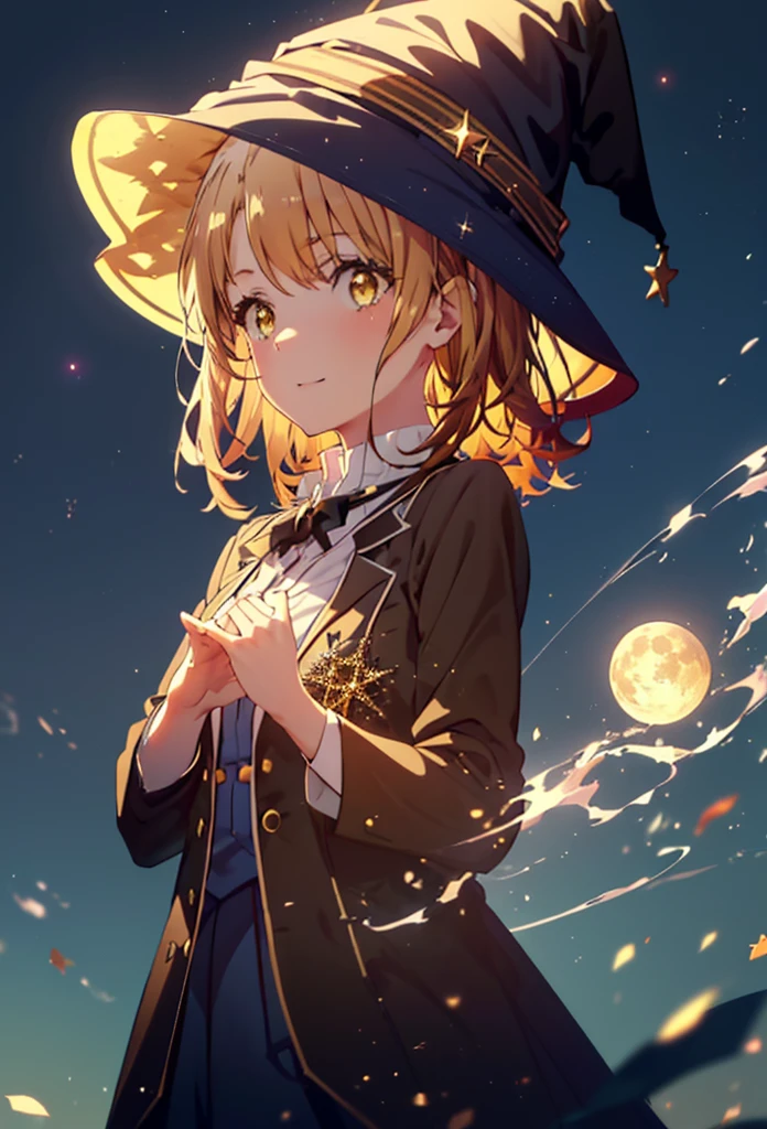 Irohaisshiki, isshiki iroha, short hair, Brown Hair, (Brown eyes:1.5), smile,((Night Sky)),((Big full moon)),((Sparkling and colorful stars)),Fluffy hair,((Idol style costume with soft volume)),Long skirt,((gorgeous wizard hat)),((witch)),(magic wand with a jewel on the tip),Explosive Flame,
break outdoors, forest,forest
break looking at viewer,Upper Body,
break (masterpiece:1.2), Highest quality, High resolution, unity 8k wallpaper, (shape:0.8), (Narrow and beautiful eyes:1.6), Highly detailed face, Perfect lighting, Extremely detailed CG, (Perfect hands, Perfect Anatomy),