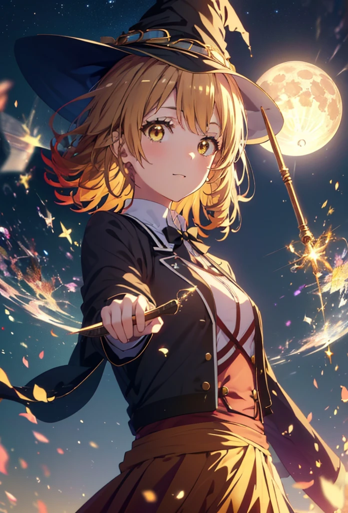 Irohaisshiki, isshiki iroha, short hair, Brown Hair, (Brown eyes:1.5), smile,((Night Sky)),((Big full moon)),((Sparkling and colorful stars)),Fluffy hair,((Idol style costume with soft volume)),Long skirt,((gorgeous wizard hat)),((witch)),(magic wand with a jewel on the tip),Explosive Flame,
break outdoors, forest,forest
break looking at viewer,Upper Body,
break (masterpiece:1.2), Highest quality, High resolution, unity 8k wallpaper, (shape:0.8), (Narrow and beautiful eyes:1.6), Highly detailed face, Perfect lighting, Extremely detailed CG, (Perfect hands, Perfect Anatomy),
