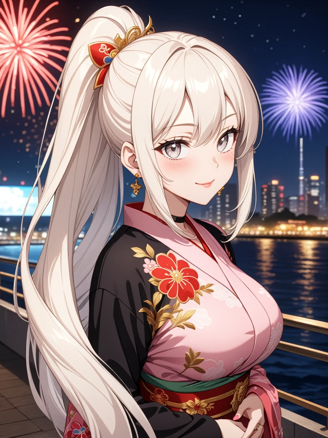 ((Two Women)), Beautiful Face, (Laughing embarrassedly), ((laugh)), ((Wink:1.8)), ((hug from behind:1.3)), Laugh with your mouth wide open,((Bright red cheeks:1.4)),Shiny red lips, night,横浜のnight景,You can see the ocean, firework,Glossy pink lips,Facial lighting,((Anime style background)),masterpiece, Highest quality, so beautiful,up to date, Complex details, (4fingers and 1thumbs), (Pink long nails), (ring),(bracelet),(choker),AI-generated, Complex,High resolution, Highest quality, super high quality,3D Images、3D Images,One person,Long white hair in a high ponytail, ((Fine grain、Silvery white eyes、Shining Eyes:1.4)), (Squint your eyes:1.1), Long blonde hair in a high ponytail, ((Fine grain、Pale eyes、Shining Eyes:1.4)), (Squint your eyes:1.1), Anime woman posing for a photo, a hyperRealistic , hyperRealistic , Realistic,Anime woman with long white hair, Smooth anime CG art, A woman in a colorful kimono with gold embroidery, (Black long sleeve kimono),(Pink long sleeve kimono), Red floral pattern,Long flower hair ornament,Earrings,Mature Body,(Big Breasts:1.1),Tall,Abdominal muscles,Narrow waist,(Zoom in on face),