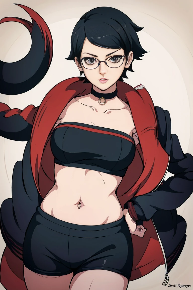 anime girl in a short dress and glasses with a red cape, persona 5 art style wlop, style artgerm, extremely detailed artgerm, ! dream artgerm, ig model | artgerm, female protagonist 👀 :8, realistic anime 3 d style, artgerm portrait, anime styled 3d, realistic anime artstyle((((same costume showing her belly)),((sexy pose))) age 20,long belly