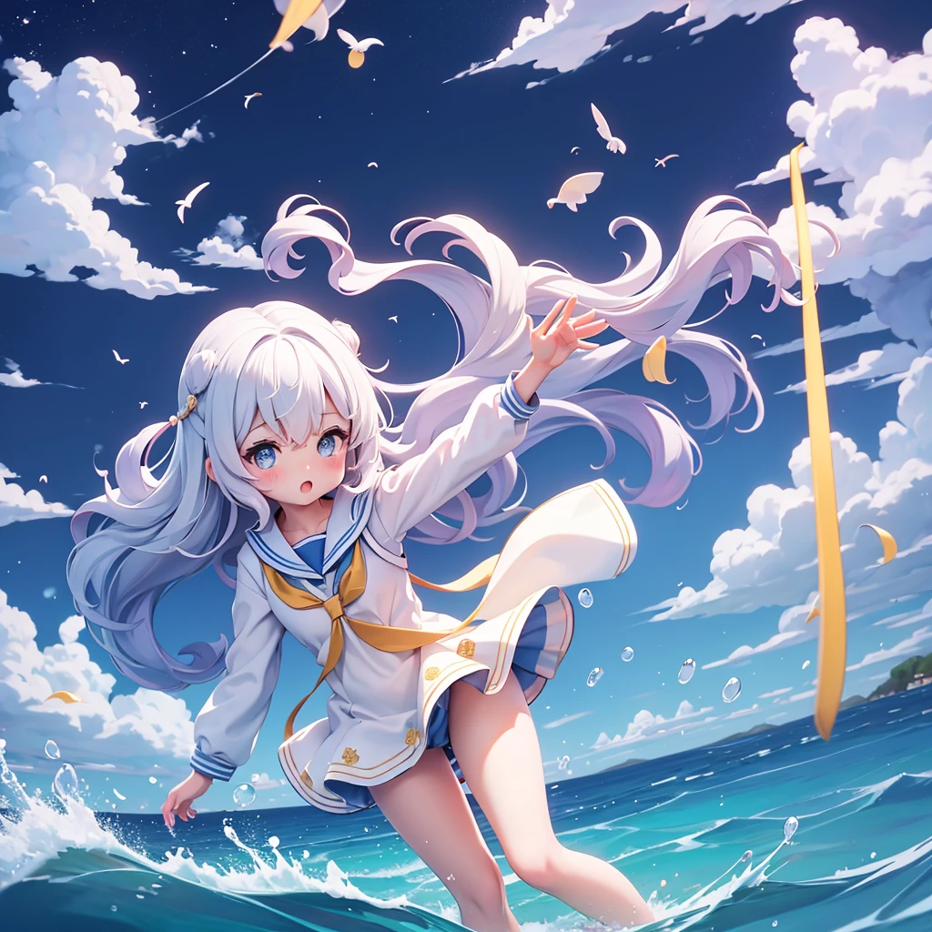 Semi-transparent one-piece sailor uniform、、Seaside、Highest quality、the wind is strong