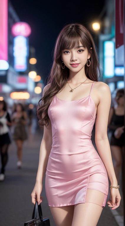 8K, masterpiece, RAW Photos, Highest quality, Realistic, 非常に詳細な CG ユニティ 8K 壁紙, Depth of written boundary, Cinematic Light, Lens flare, Ray Tracing, (Very beautiful face, Beautiful Lips, Beautiful Eyes), Exquisitely detailed face, ((Highly detailed skin)) One girl, In the Dark, Deep Shadow, Cute Korean Girl, K-Pop Idols, 1 Girl, (Very slim slender fit-muscled body:1.3), ((View your viewers)),(Big smile:1.3), (Fashion City Night, Dark Night, (Neon Signs), (Blurred Background), Fashion Street Night),(No people in the background:1.3), Beautiful earrings, bracelet, necklace, pantyhose, Clear Eyes, walking, (Pale skin), (Big eyes), Look forward, (Brown Hair), (Full Body Shot), ((Silk hot pink color mini dress:1.3)), ((fitted dress)), ((A dress so short you can see her panties)), (View your viewers:1.3) Open chest, Very slim, Medium chest, Turn back, (Buckshot), Ass Focus, In front of eyebrows,(Tight dress), Thick thighs