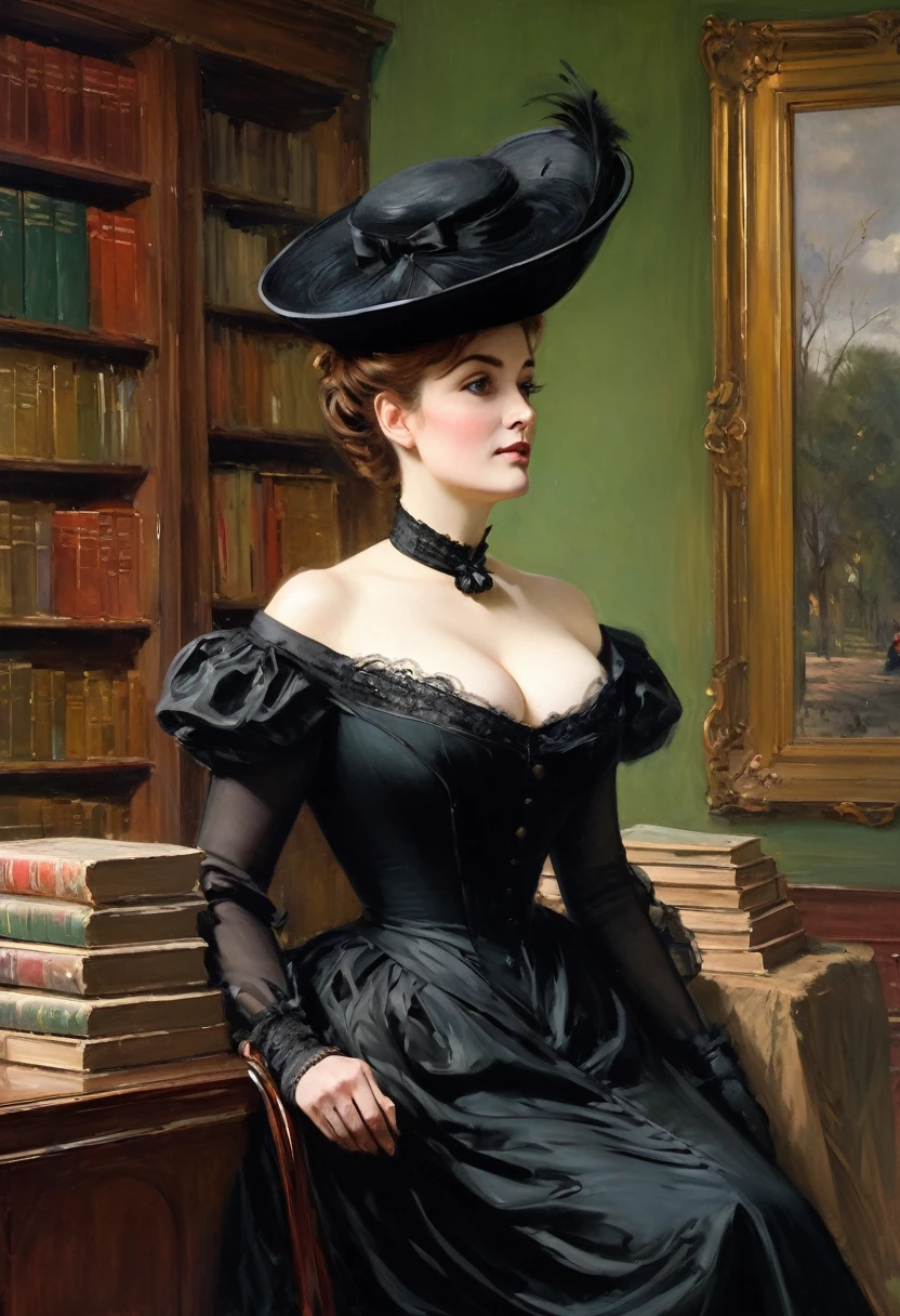 Full body view, a tall voluptuous buxom, fully figured, mature victorian widow in a black dress having a intimate conversation with a eldely gentleman in the library, by Jean Béraud, inspired by Jean Béraud, inspired by Édouard Detaille, edouard leon cortes, inspired by Ivan Kramskoi, inspired by Jean-Louis-Ernest Meissonier, by Édouard Detaille, inspired by Paul Émile Chabas