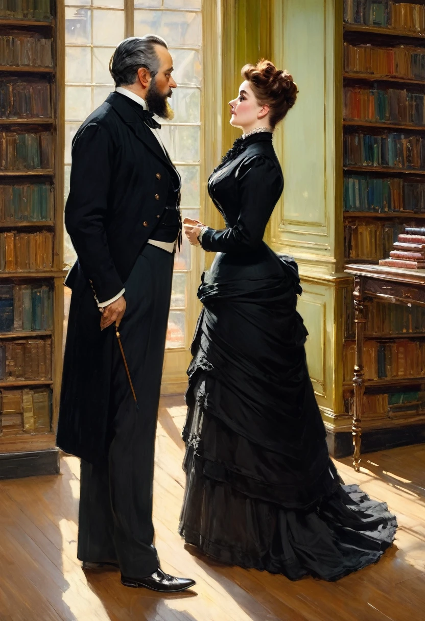 Full body view, a tall voluptuous buxom, fully figured, mature victorian widow in a black dress having a intimate conversation with a eldely gentleman in the library, by Jean Béraud, inspired by Jean Béraud, inspired by Édouard Detaille, edouard leon cortes, inspired by Ivan Kramskoi, inspired by Jean-Louis-Ernest Meissonier, by Édouard Detaille, inspired by Paul Émile Chabas