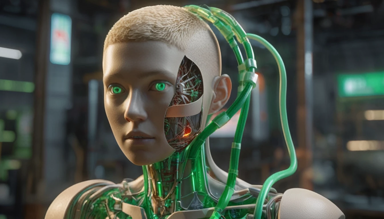 1 mechanical boy, (male), short hair, mullet haircut, blonde hair, green eyes, blonde, (24 age), ((mechanical green cables arms outstretched)) ((ultra realistic details)), global illumination, shadows, octane render, 8k, ultra sharp,metal, intricate, ornaments detailed, highly intricate details, realistic light, glowing eyes, neon details, mechanical limbs, blood vessels connected to tubes, mechanical cervical attaching to neck, wires and cables connecting to head