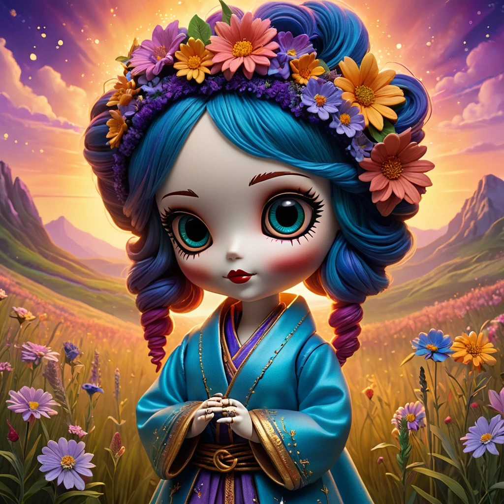 (knitted toy voodoo doll:1.7), (Voodoo Guardian of Enchanted Dawn:1.8), (Clothing: robes of sunrise hues and ethereal morning mists, adorned with dewdrops and shimmering auroras:1.5), (Accessories: staff glowing with the first light of dawn, amulet of dawn's awakening, mask reflecting the colors of daybreak:1.7), (background: magical meadow at dawn with flowers blooming under a painted sky, where the air is filled with the promise of new beginnings:1.6), best quality, masterpiece, detailed soft oil painting, detailed background, dramatic cinematic lighting, soft edge lighting, professional, dramatic lighting, hard edge lighting, ultra quality, 4k,masterpiece, best quality, 8k, ultra highres, highres, extremely detailed
